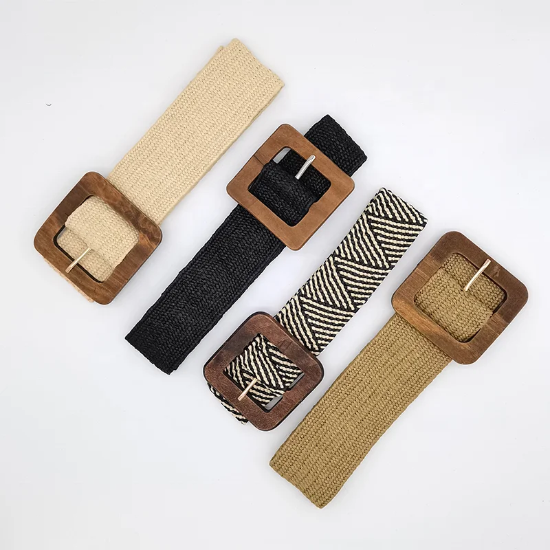 New ladies  Leisure Belt Ultra Wide Waist Sealing women braided Wood Buckle Elastic Fashion rafia Belt