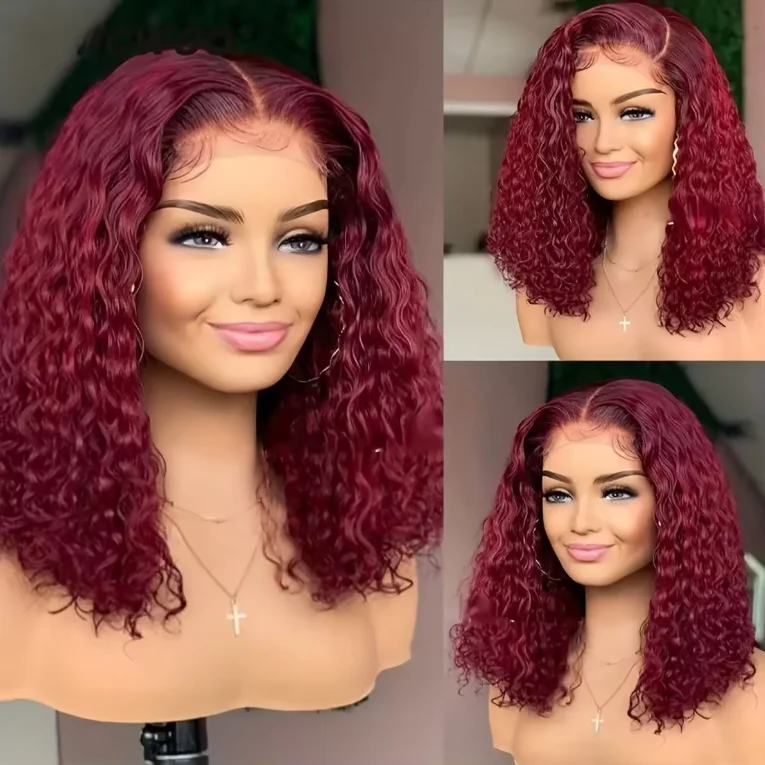 99J Short Bob Lace Front Human Hair Wig Red Burgundy Colored Jerry Curly Lace Frontal Wig Raw Brazilian Virgin Human Hair wigs