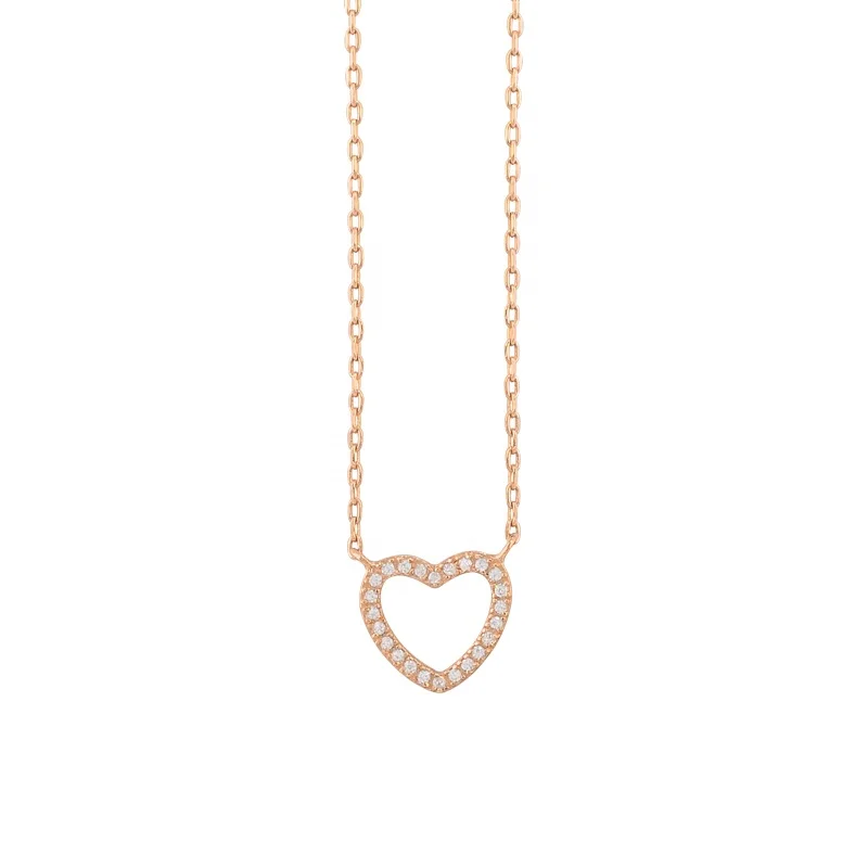 Simple Design Hollow Small Dainty Heart With  3A Zircon Stone 18 k Gold Plated 925 Sterling Silver Necklace Jewelry