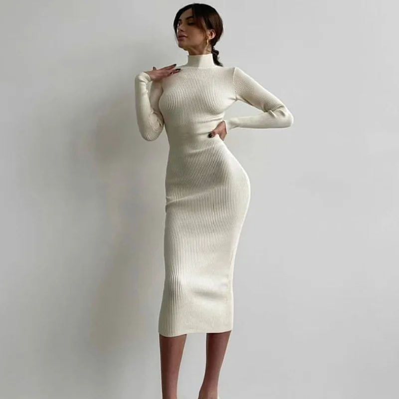 2022 Long Sleeve Midi Knitted Dresses Women Winter Sexy Turtleneck Rib Knit Dress