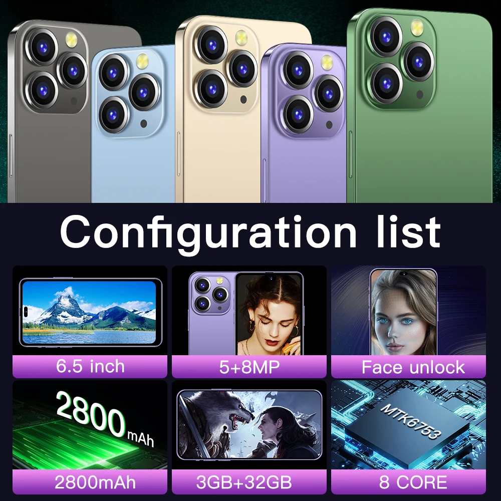 4g разблокировка распознавания лица I14 Pro Max 3 + 32GB 5mp + 8mp сотовый телефон Глобальная версия смартфон разблокированный мобильный телефон