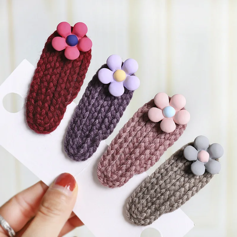 Симпатичные Детские осенне-зимние теплые шерстяные вязаные крючком заколки для волос BB милые заколки для волос Вязаные Цветочные заколки для девочек