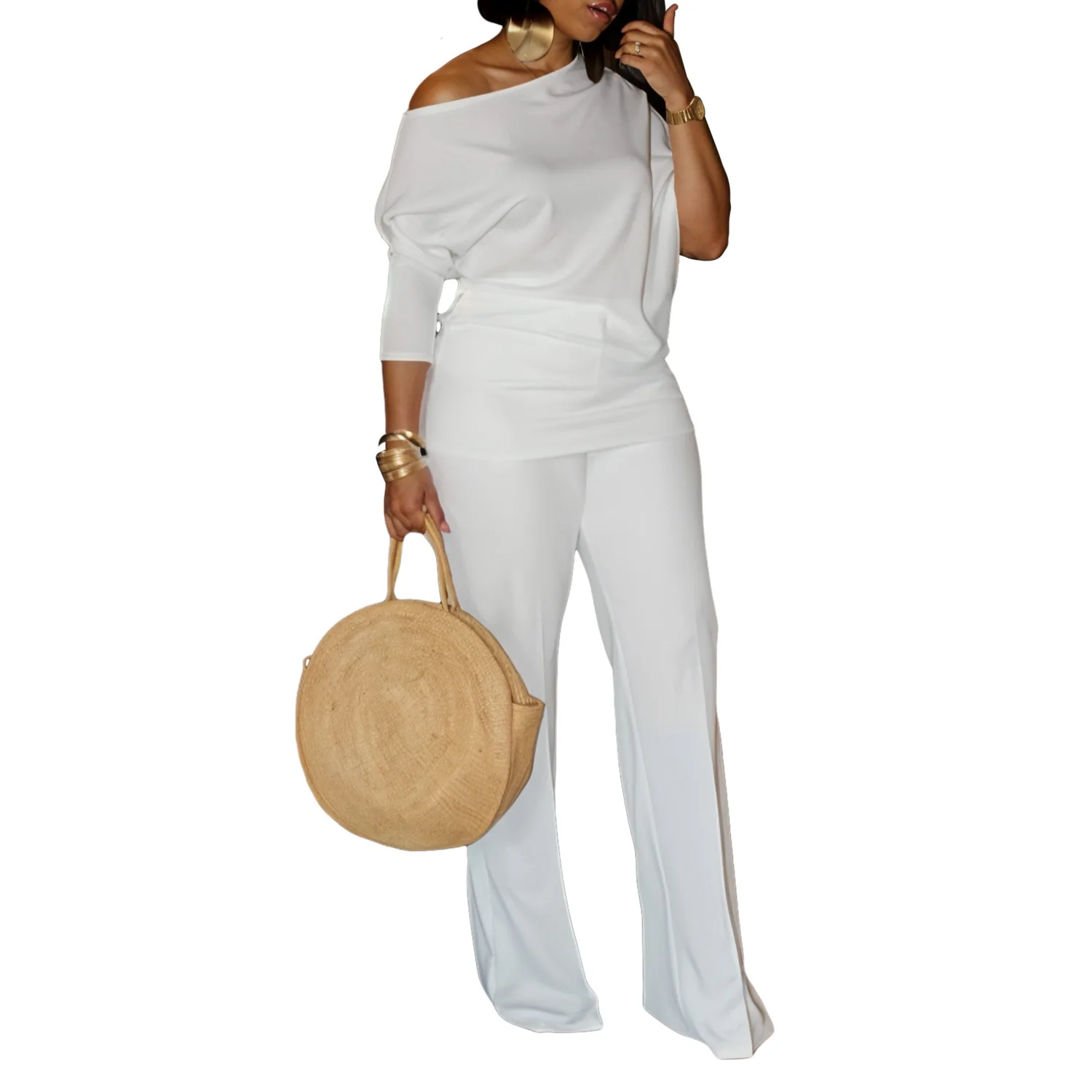 D3298 Latest Design Autumn Jumpsuit Women Elegant Solid Color Slash Neck Wide Leg Jumpsuit For Ladies