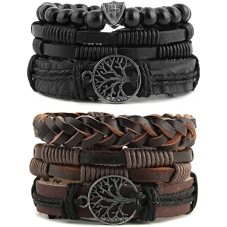 Tiger Eye Natural Stone Lava Rock Beads Ethnic Tribal Elastic Bracelets Wristbands Genuine Leather Tree  Life Bracelets for Men