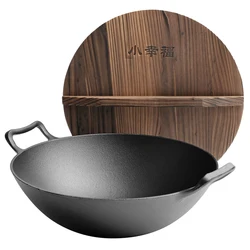 Low MOQ Wholesale Cast Iron Wok Pan Kitchen Cooking Dinnerware with Wooden Lid