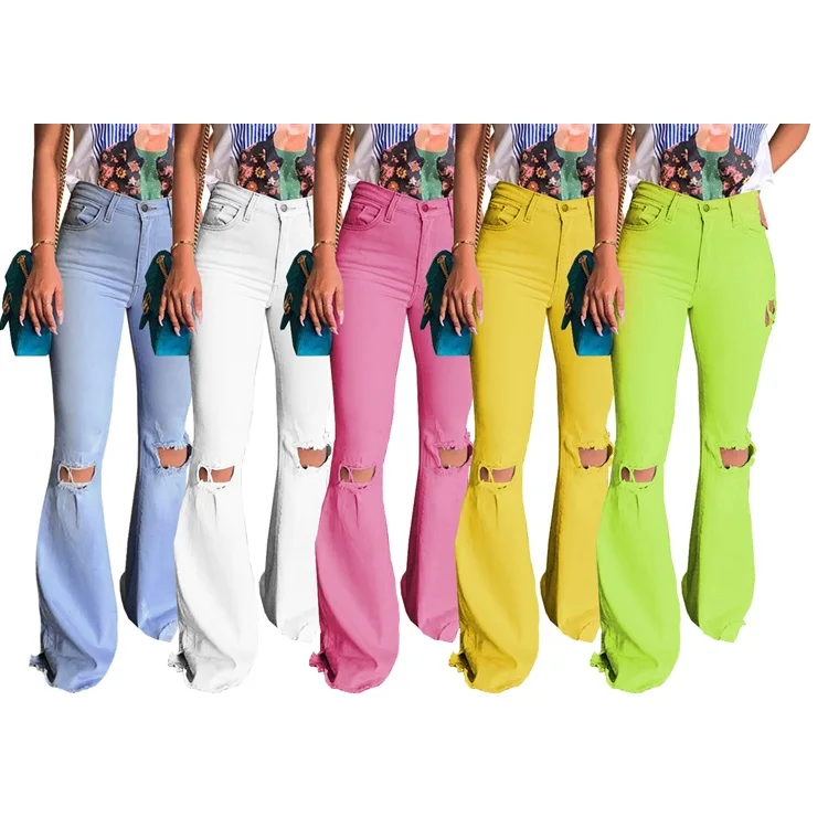Neyaolk Wholesale Casual Sexy Women Pants High Waist Wash Wide Leg Hole Jeans