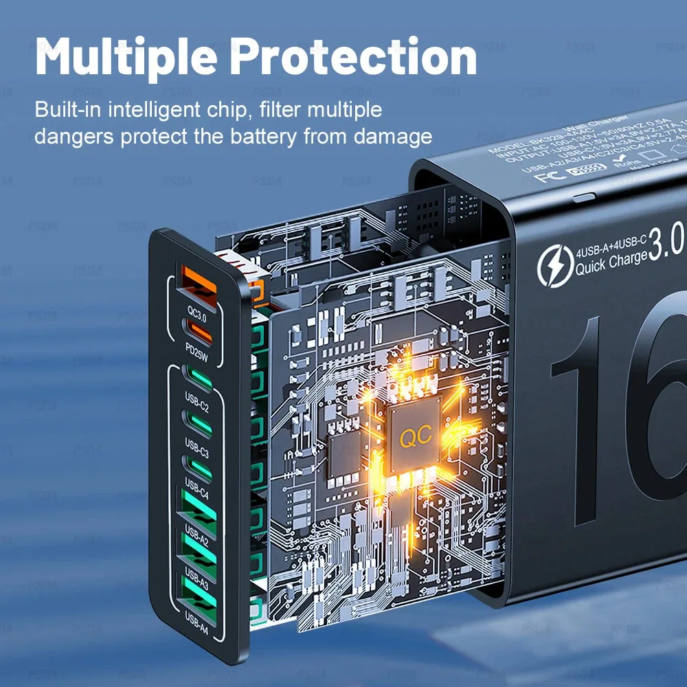 KOREA PLUG OEM 150W USB Muti 8 Ports Fast Charging PD Wall Mobile Phone Adapter for iPhone 16 15 Xiaomi Samsung Oneplus