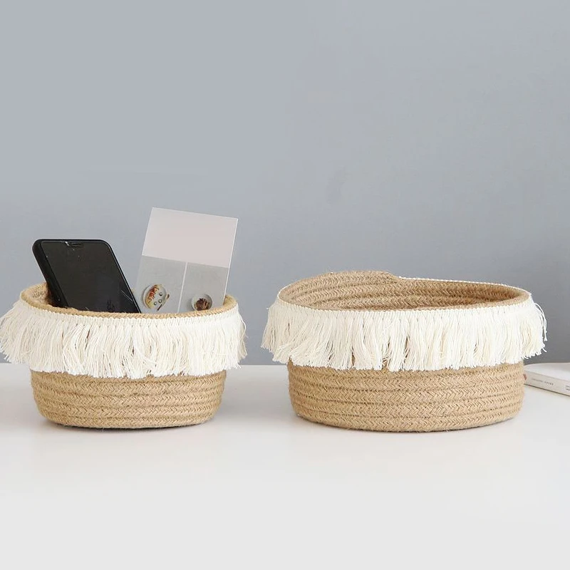jute woven storage basket finishing tassel decor home storage basket