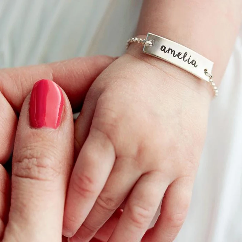 Customized Stainless Steel Gold Baby Bar Bracelet Anklet Personalized Engraved ID Name Kids Bracelet Jewelry Custom Kids Gift