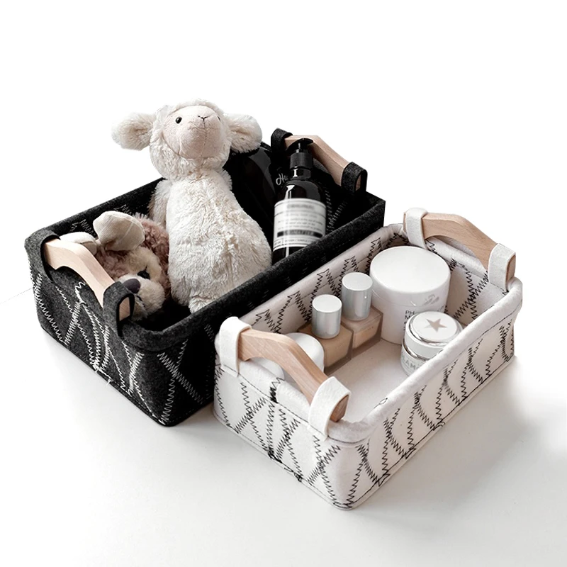 Felt Store basket Toy children baby 2021 White laundry Foldable basket optimal grey for Seller Wooden handle