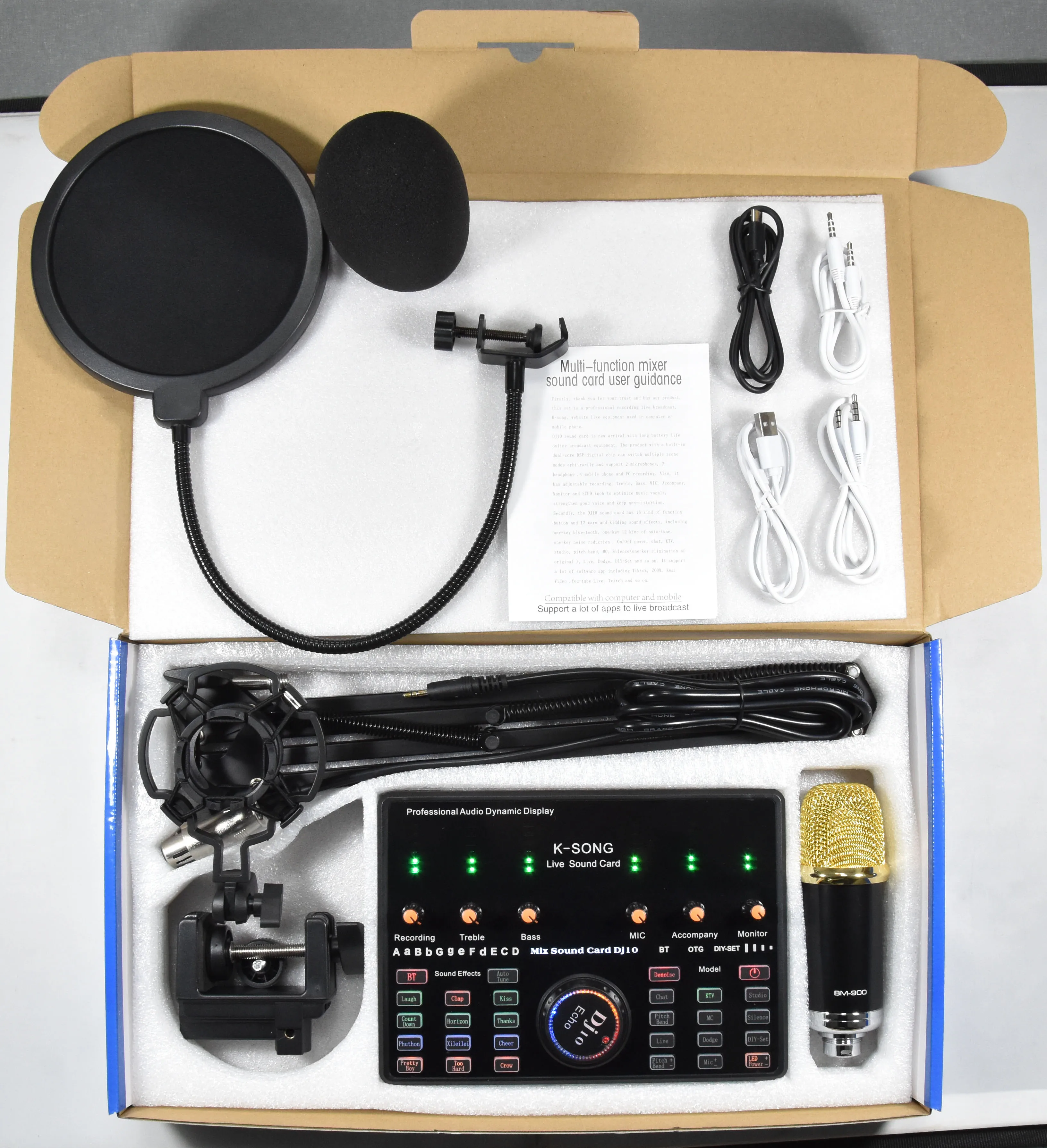 Professional BM800 BM900 Microfono & DJ10 Multi-function Sound Card Set Karaoke Studio Recording Condenser Microphone