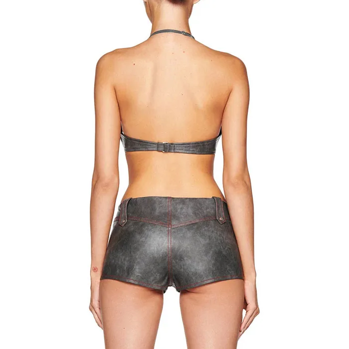 Sexy Women Low Waist Micro Mini Length Hot Short Vintage Washed PU Leather Grey Short Contrast Red Stitching Skinny Shorts