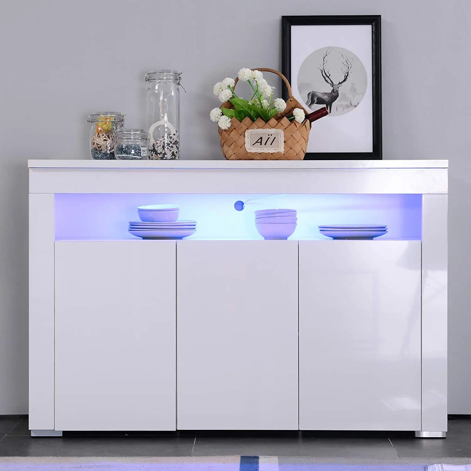 Kitchen Buffet Cabinet,High Gloss Led Sideboard,Storage Server Table With 3 Doors And Open Topper Shelf(white) Cupboard