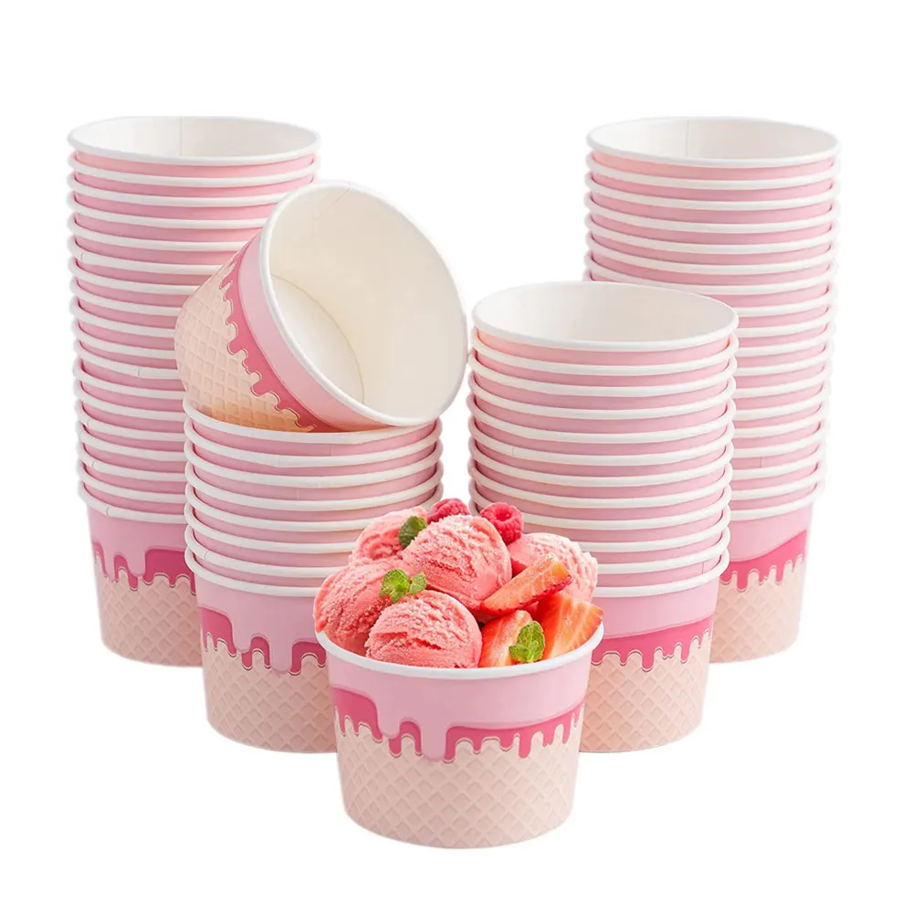 Disposable 4oz 6oz 8oz 12oz 16oz pink dessert cups  ice cream takeaway paper sundae cup with personal logo