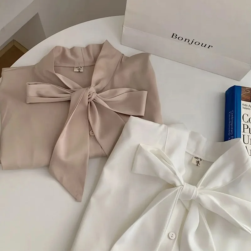 Womens Elegant Chiffon Formal Shirts Korean Tie Neck Blouse Slim Fit Satin Tops Office Wear Fashion Clothes Work Shirt