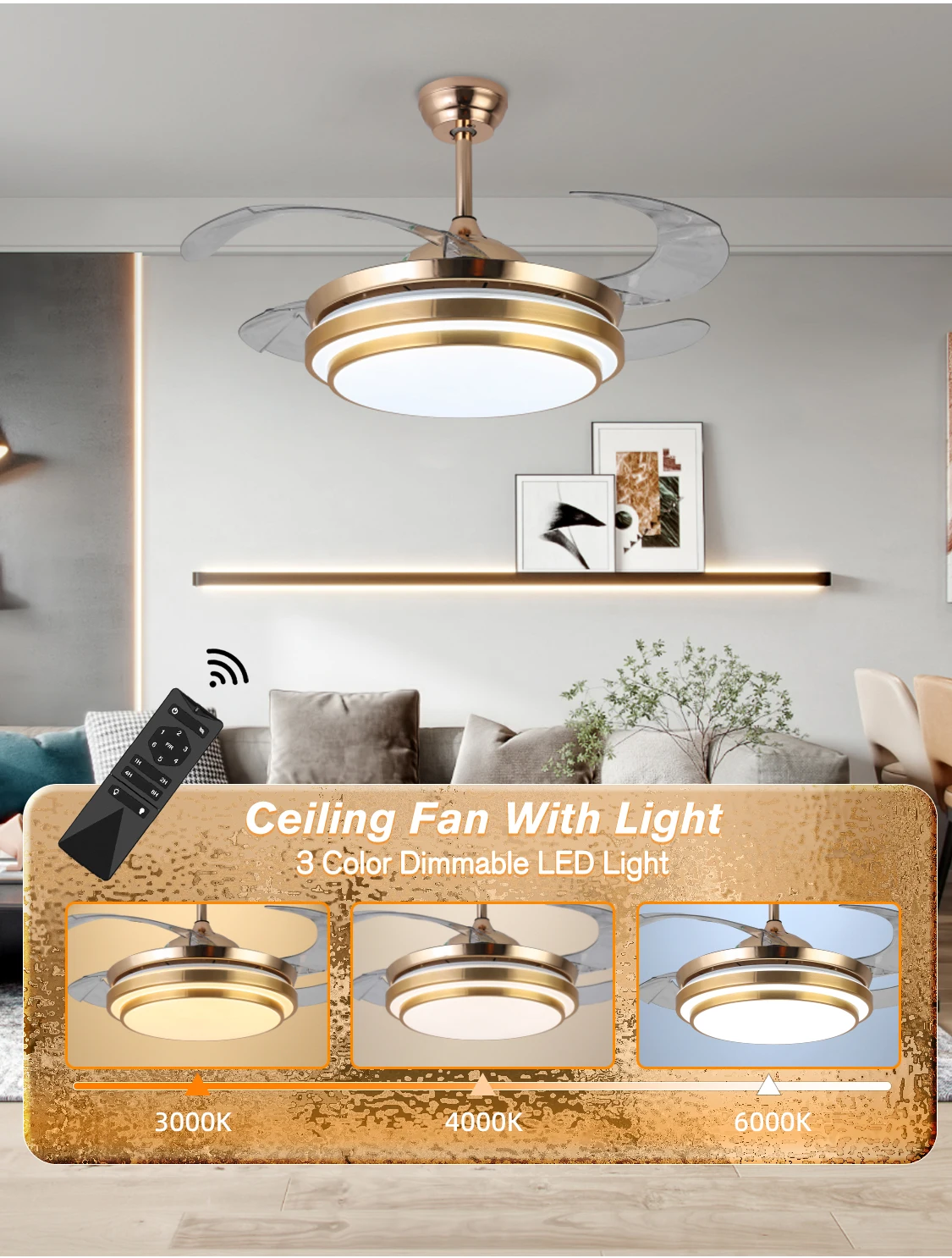 AIERTEC 42' Chandelier modern pendant lights Golden Silver Retractable Invisible Led Ceiling Fan light With Light And Remote