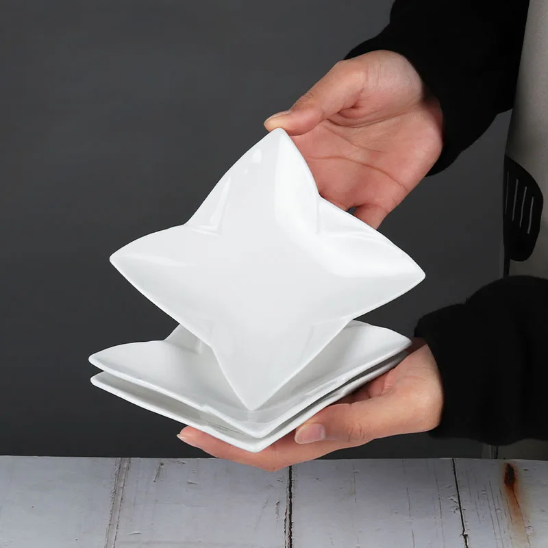 Hotel Restaurant Serving Dishes Sets Ceramic Snack Salad Fruit Appetizer Plate Flower Square White Porcelain Plate