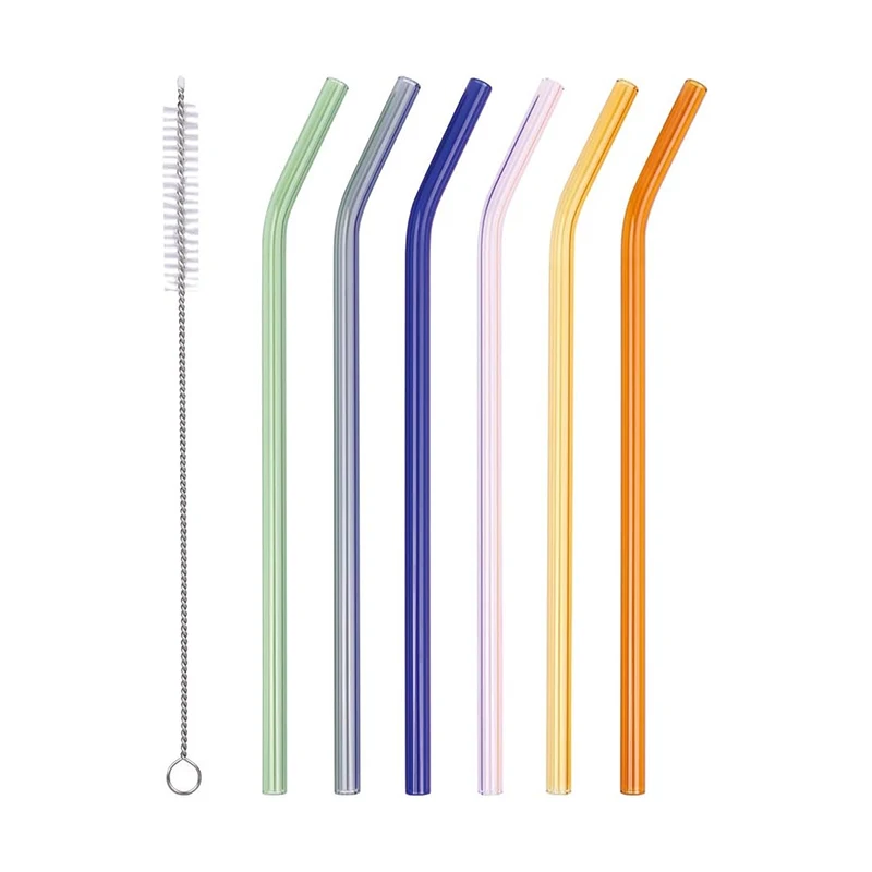Reusable Glass Drinking Straws 8'x8mm Set of 3 Straight and 3 Bent with 2 Cleaning Brushes Lead Free Clear Glass Straw for Bar