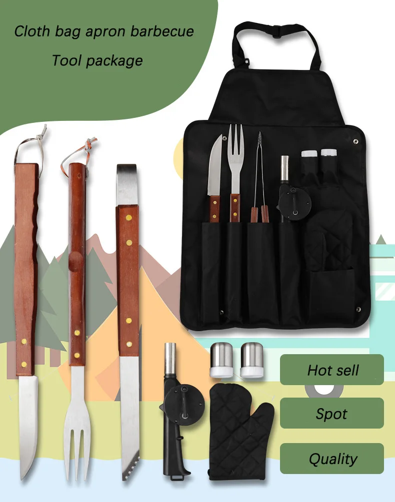 8-piece Wooden Handle Grill Apron Set Multifunctional Barbecue Set Outdoor bbq Tool Combination Set