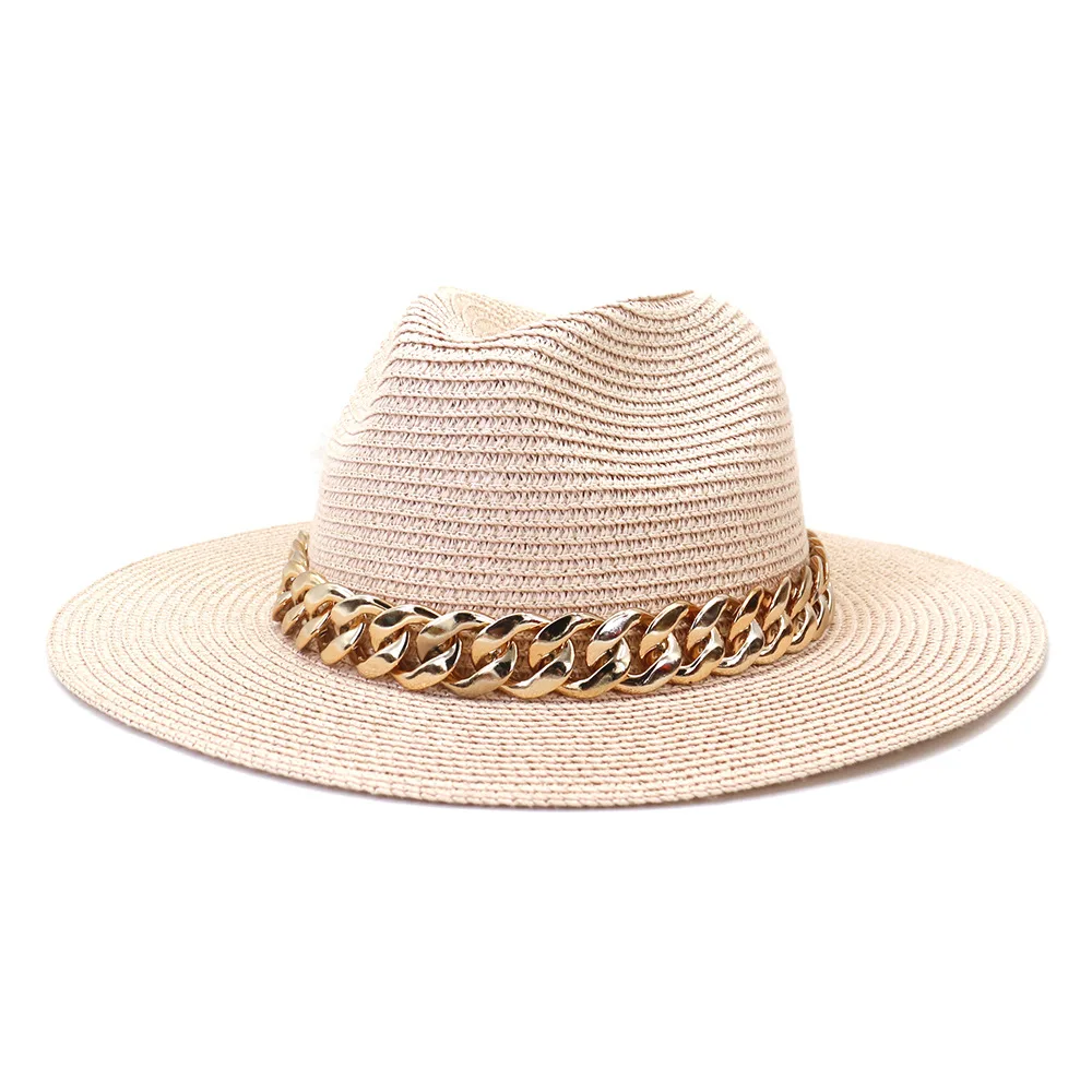 Fashion chain decoration spring summer outdoor travel sun-shade wide brim straw hat unisex fedora panama hats