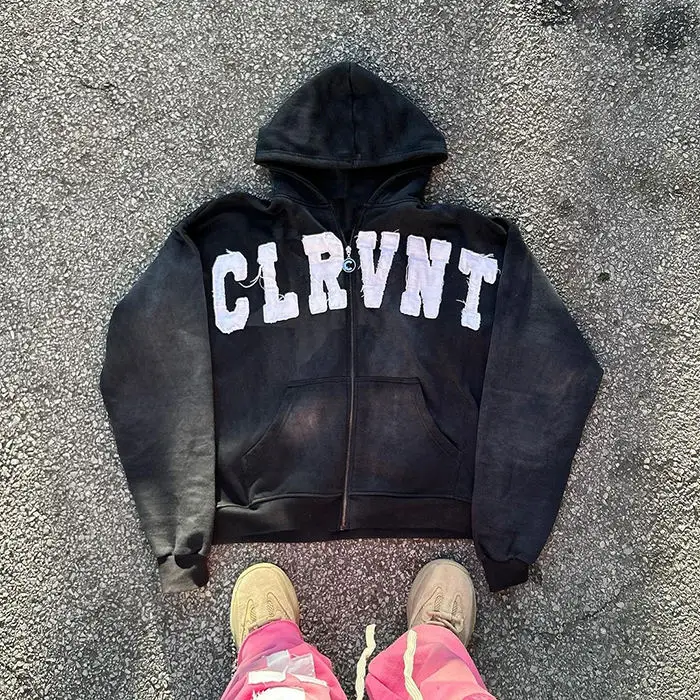 High Quality Heavyweight Cotton French Terry Custom Zip Up Distressed Acid Washed Sun Fade Men Vintage Hoodie