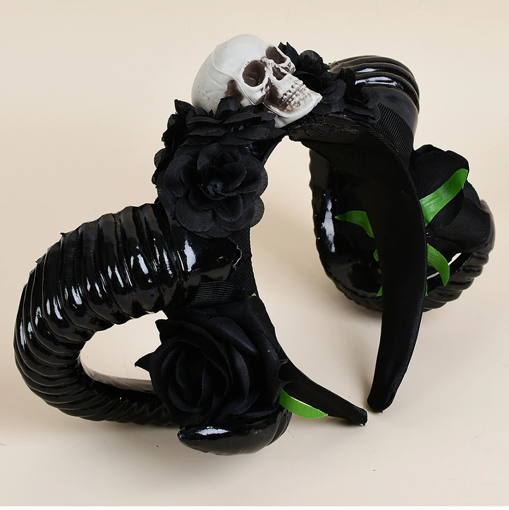 Skull Black Flower Studded Devil Horn Ram Demon Goat Claw Costume Fashion Headband Antlers Cosplay Female Sheep Headdress Gothic