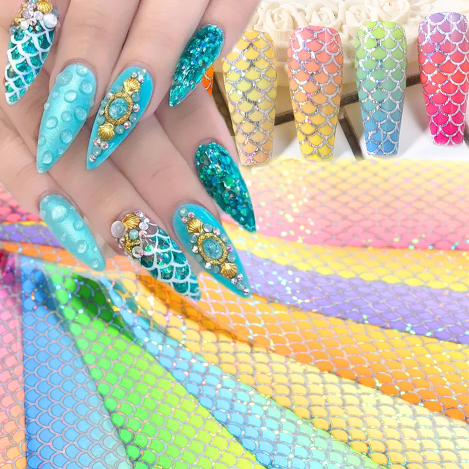 
10Pcs/set Laser Fish Scales Nail Foil Holographic Gradient Mermaid Transfer Sticker Wave Starry Paper Nail 