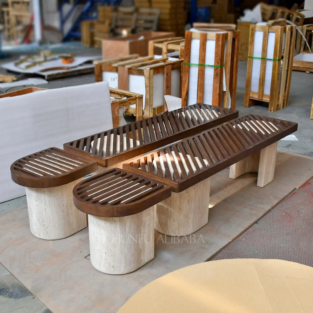 Natural stone customized fashion modern design home furniture wooden nesting table solid wood side table travertine coffee table