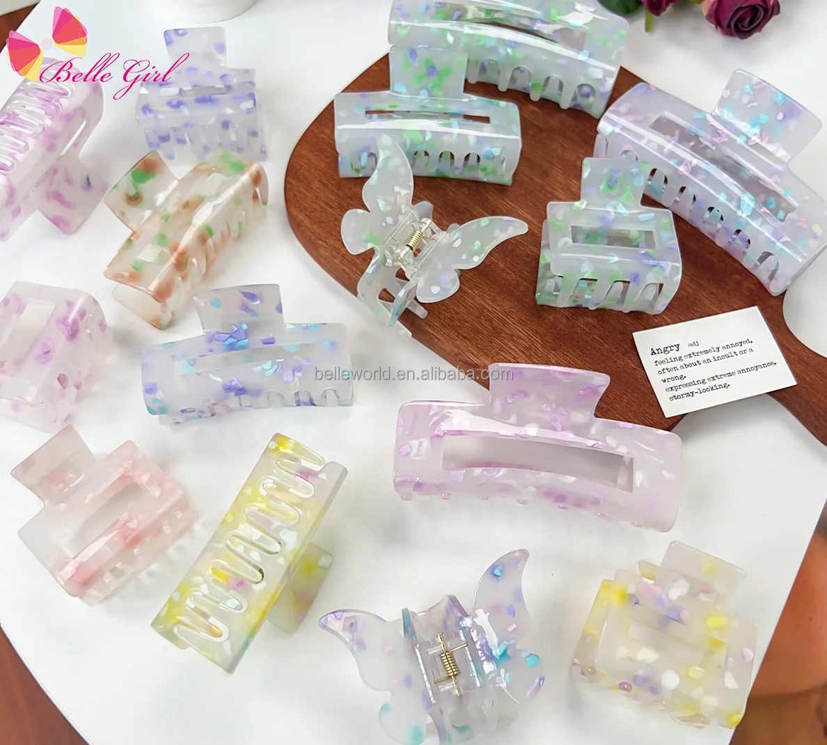 BELLEWORLD Hot selling beautiful butterfly square rectangle hair claws sakura acrylic hair claw clips for women girls