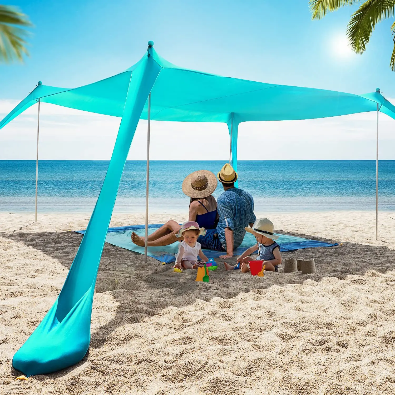 Beach Canopy Sun Shade UPF50+ Anti-Wind Beach Tent with Sand proof Private Beach Wind Screen Stable 4 Sandbags Design