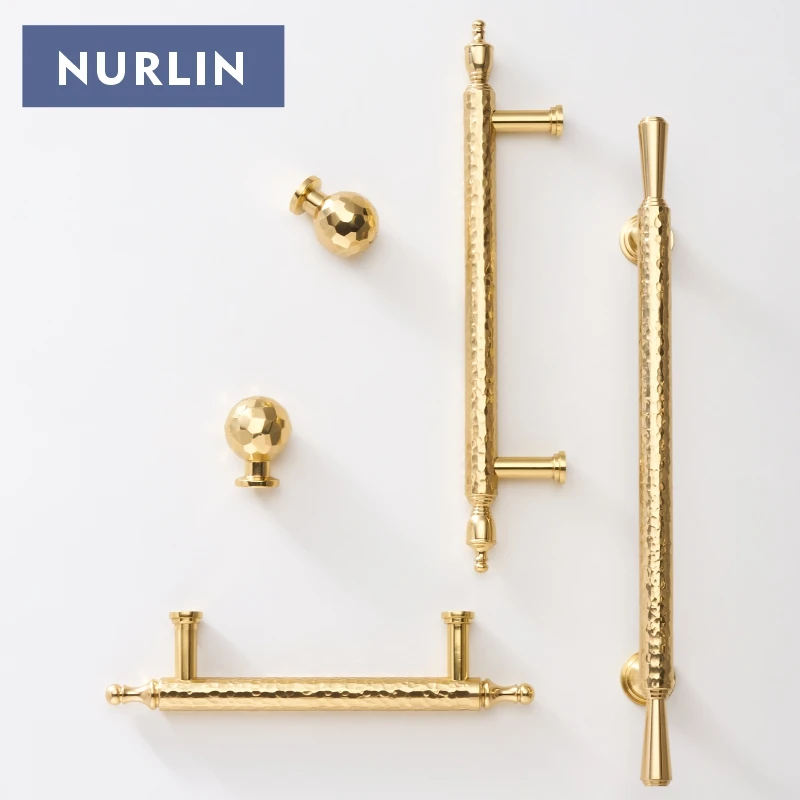 Nurlin Solid Brass Handmade Hammer Pattern Furniture Wardrobe Cabinet Knobs Door Drawers Cloakrooms Pull Furniture Handles