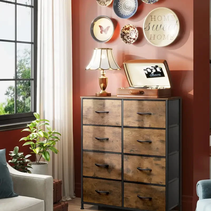 Wood Double Dresser Chest  With 8  Fabric  Drawers for Living Room Rustic Brown