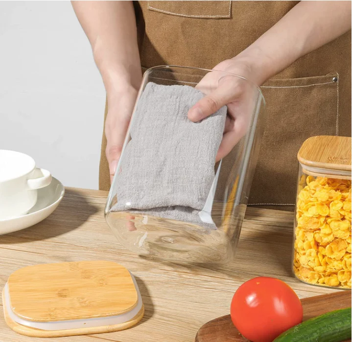 custom high borosilicate glassware fancy kitchen clear elegant round airtight coffee tea glass jar wooden lid storage spice jar