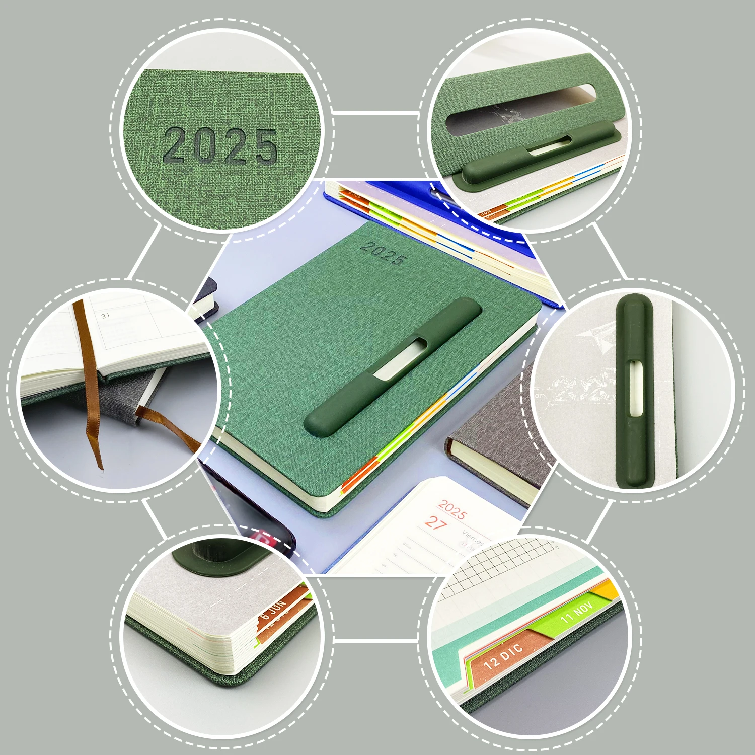 2025 Custom Logo Pu Leather Cover A5 Spanish Diary Planner Journal Agendas Notebook with Pen Holder