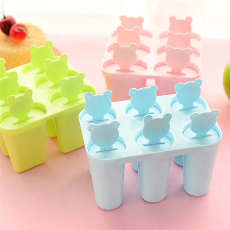 6 Sticks Plastic Cute Bear Popsicle Moulds DIY Ice Cream Tools Frozen Fruit Ice Cube Tray Ice Makers Popsicle Mold Box With Lid