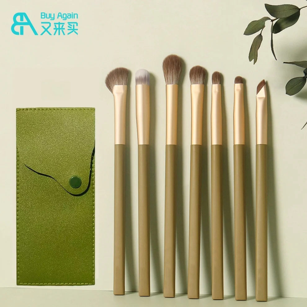 New Design Avocado Green Eye Makeup Brush Set 7 Pcs 7piece Make up Detail Eyebrow Eyeliner Eyeshadow Sets with Bag