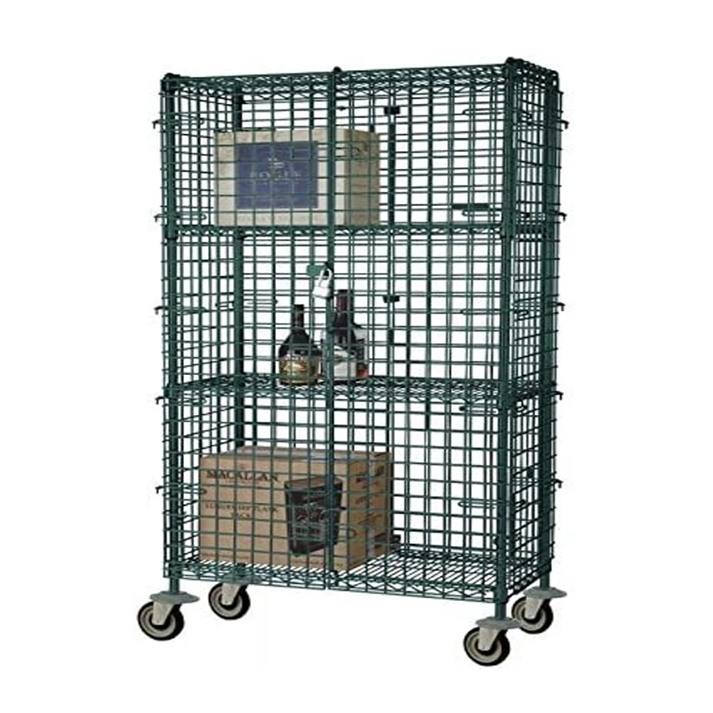 High Mobile Chrome Security Cage with 2 Interior Shelves Wire Shelving Starter Unit Industrial Cart Wire Cage