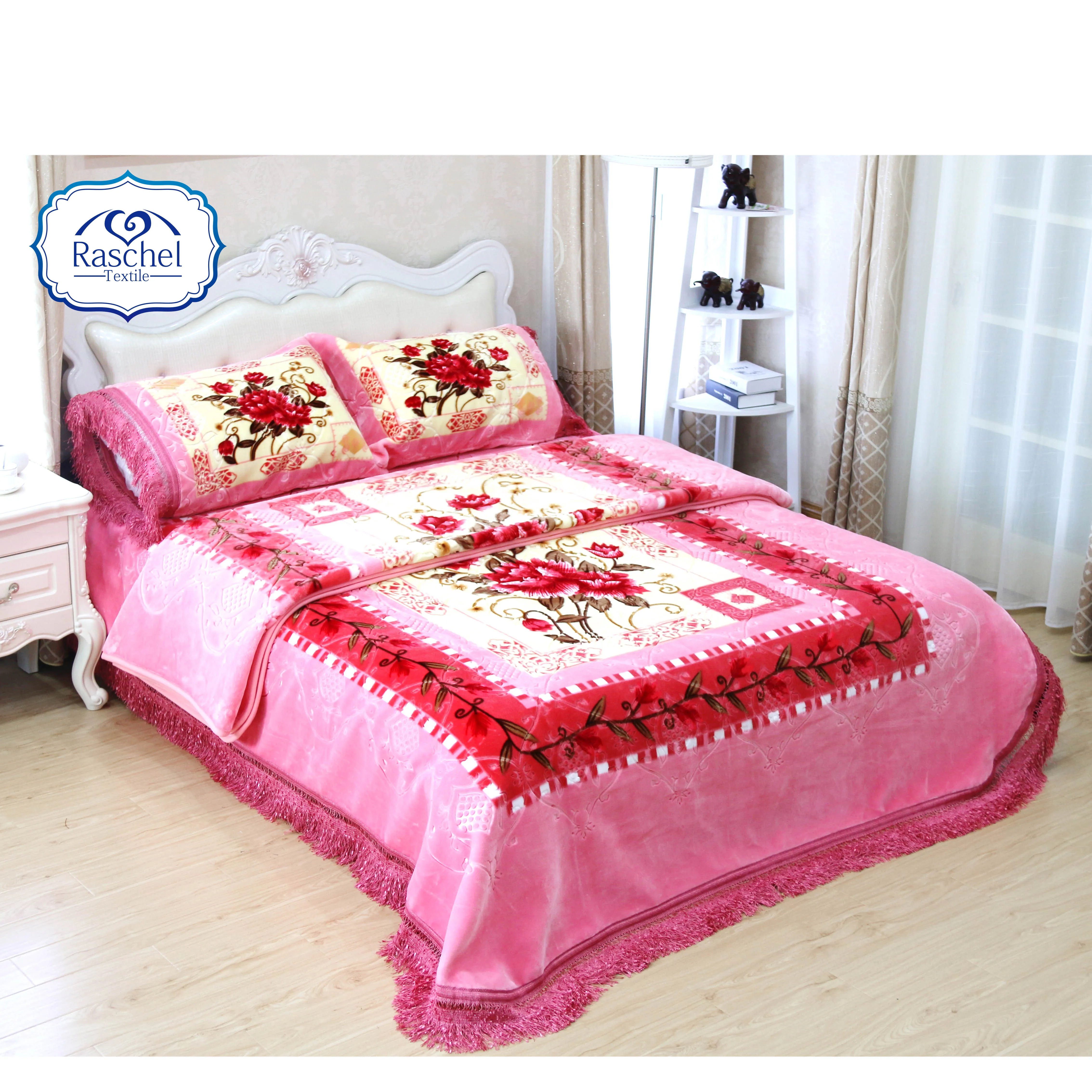 100% Polyester four pcs raschel blanket bedding set