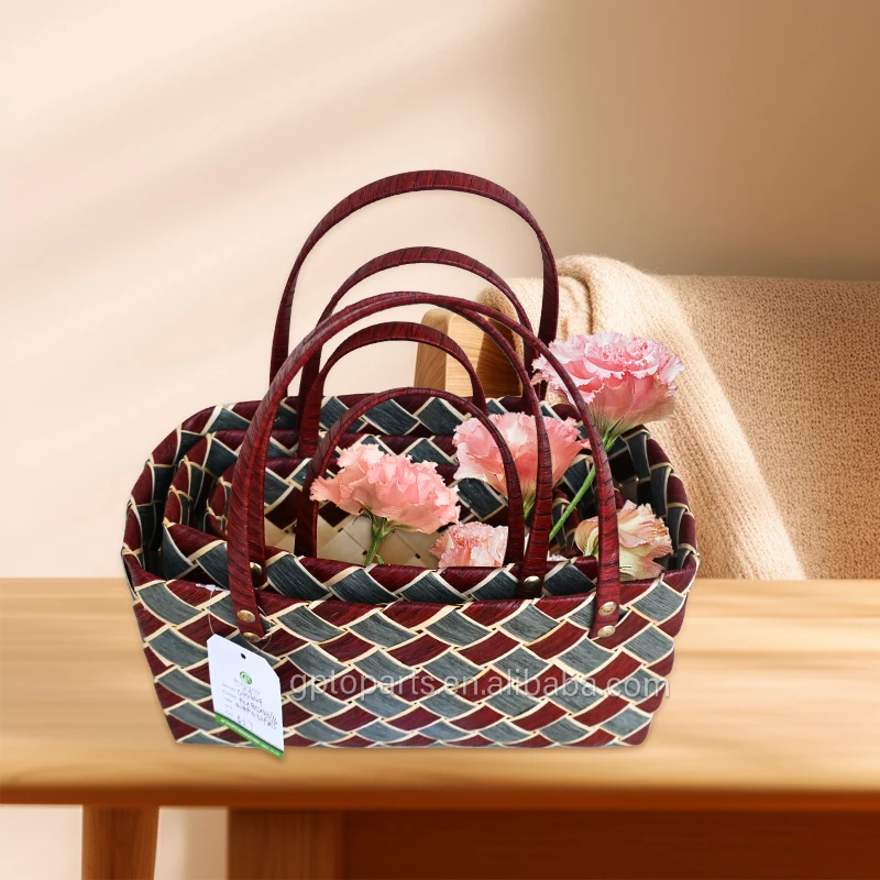 Hot Sale Wood Chips Knitting Paper Rope Mixed Woven Hand  Basket Handbag Shape Cosmetic Packaging Gift New Year Girl Gift Basket