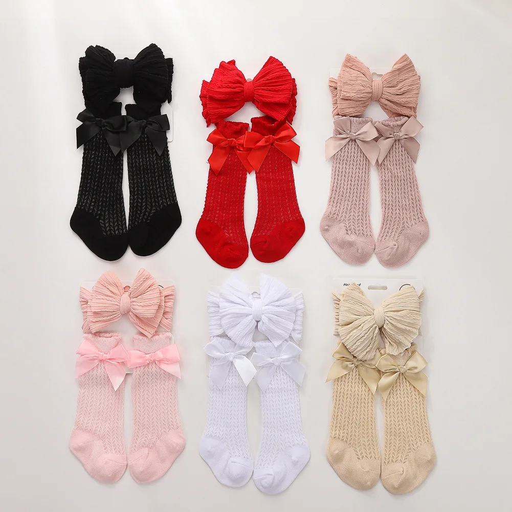 High quality hot sale bow knot girls wear baby socks gift sets wholesale price fashion cute baby caps and socks