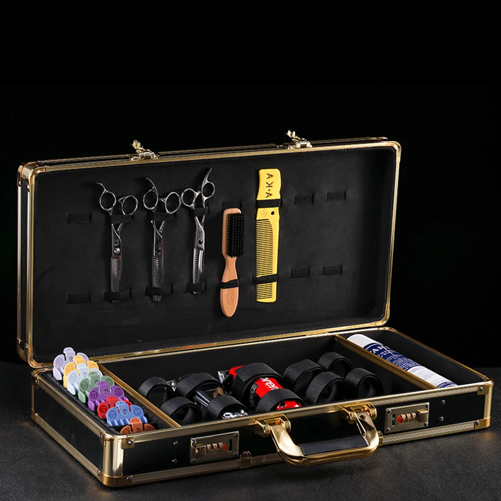 logo printed very popular black and gold aluminum barber tool kit carrying suitcase case box