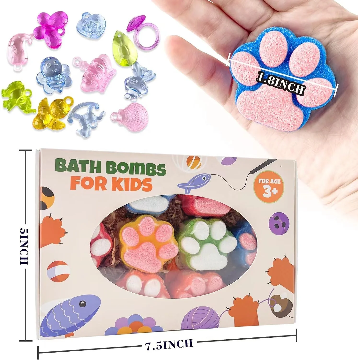 12 Pcs Colorful Handmade Natural Bath Ball Paw Bath Bomb for Kids with Surprise Toys Inside