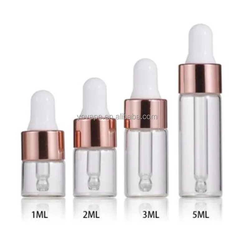 RTS in stock Cosmetic Essential Oil 1ml 2ml 2 ml Dispensing gold mini small vials Serum glass dropper bottle with Silver Collar