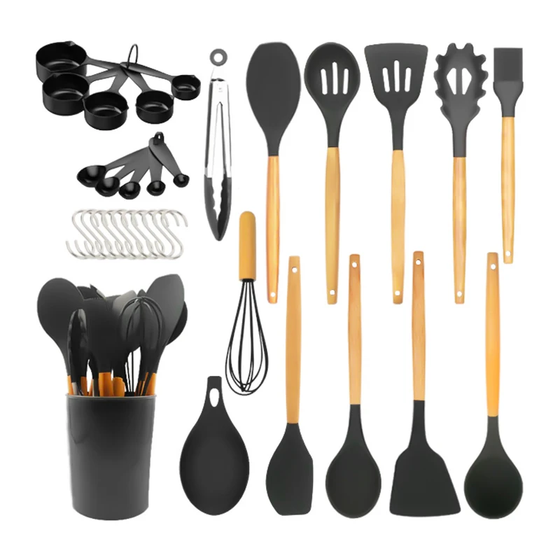 Natural biodegradable bamboo olive wood utensil kitchen wooden cooking utensils set