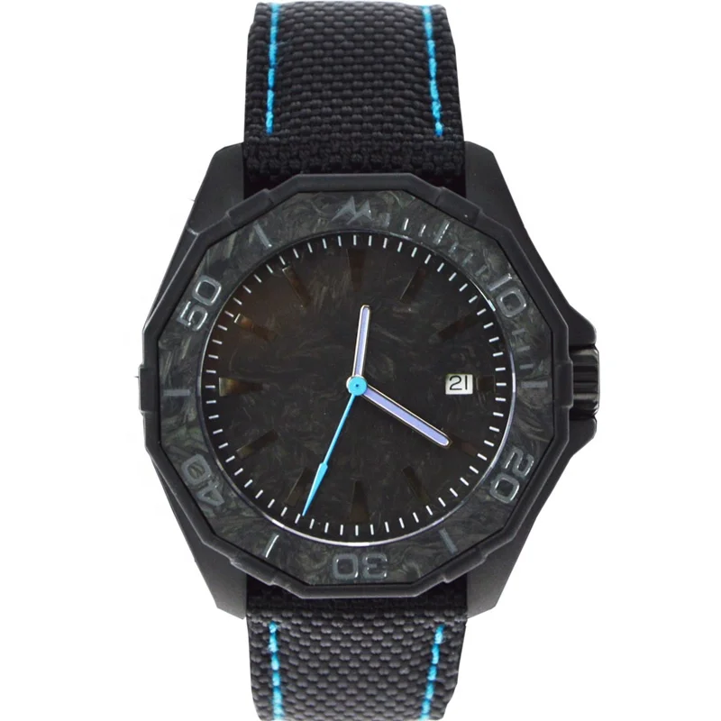 High Quality Customer Black Forged Carbon Fiber Nylon Strap Case Bezel Quartz Watch
