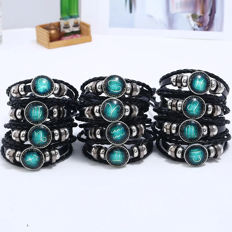 Retro Handmade Braided Starry Sky Black Gallstone 12 Collections Zodiac Jewelry Sign Multilayer Mens Bracelets Luxury Jewelry