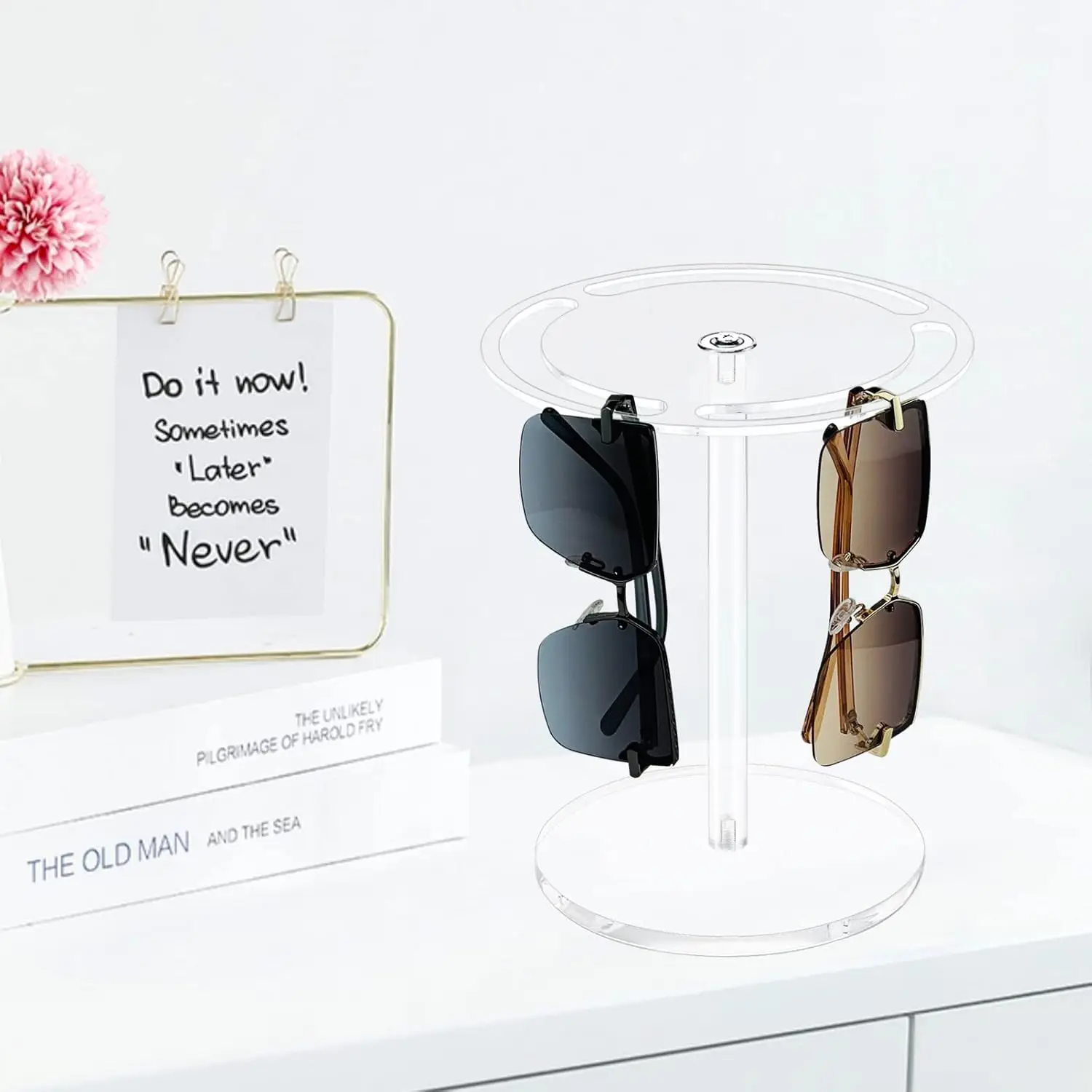 E-20240908-1 New Design 360 Rotating Acrylic Sunglasses Holder Stand Eyeglasses Display Rack Clear Glasses Tabletop Organizer