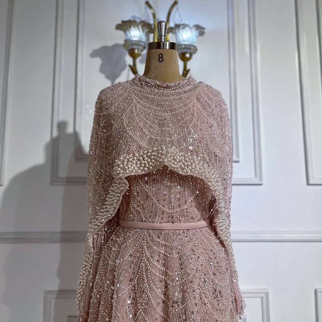 Pink A-Line Long Sleeves Full Covered Muslim Evening Dresses with Cape Serene Hill LA72032B Elegant Party Gowns for Women