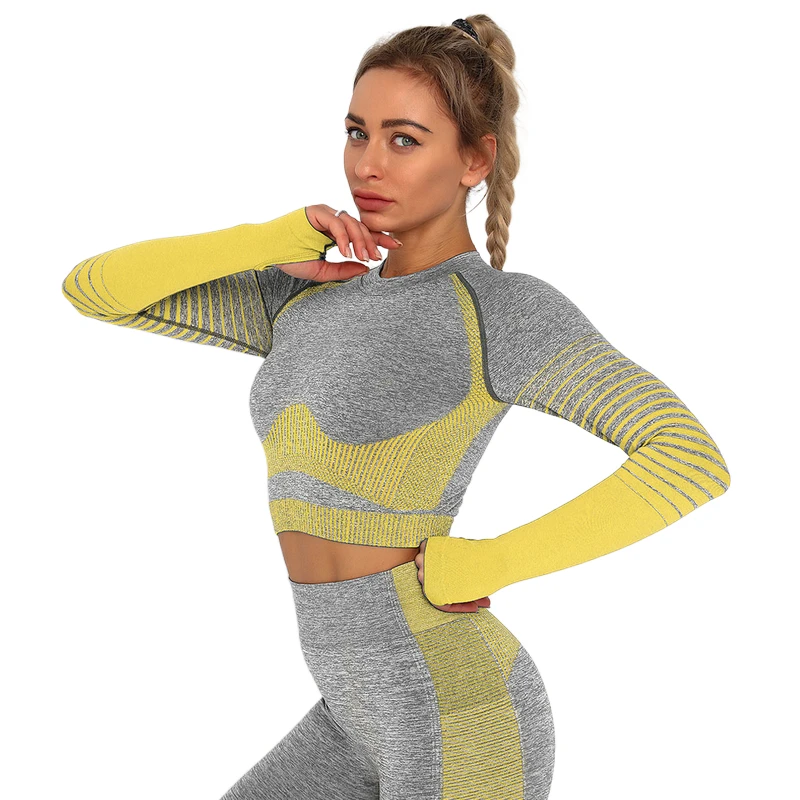 high quality folding print custom workout clothes women fitness seamless tops sport wear yoga long sleeve