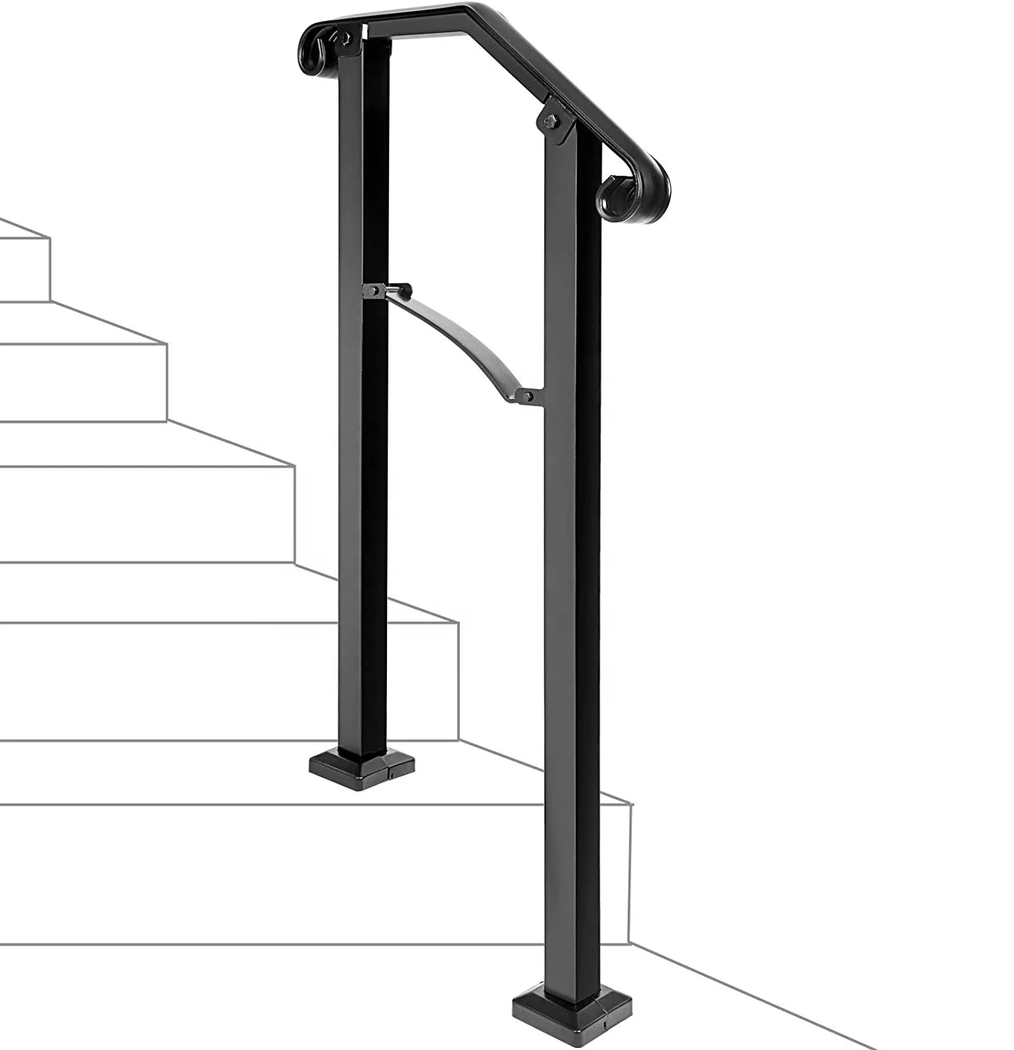 Black wrought iron adjustable arch fits 4 to 5 steps stair handrail with installation kit for outdoor steps